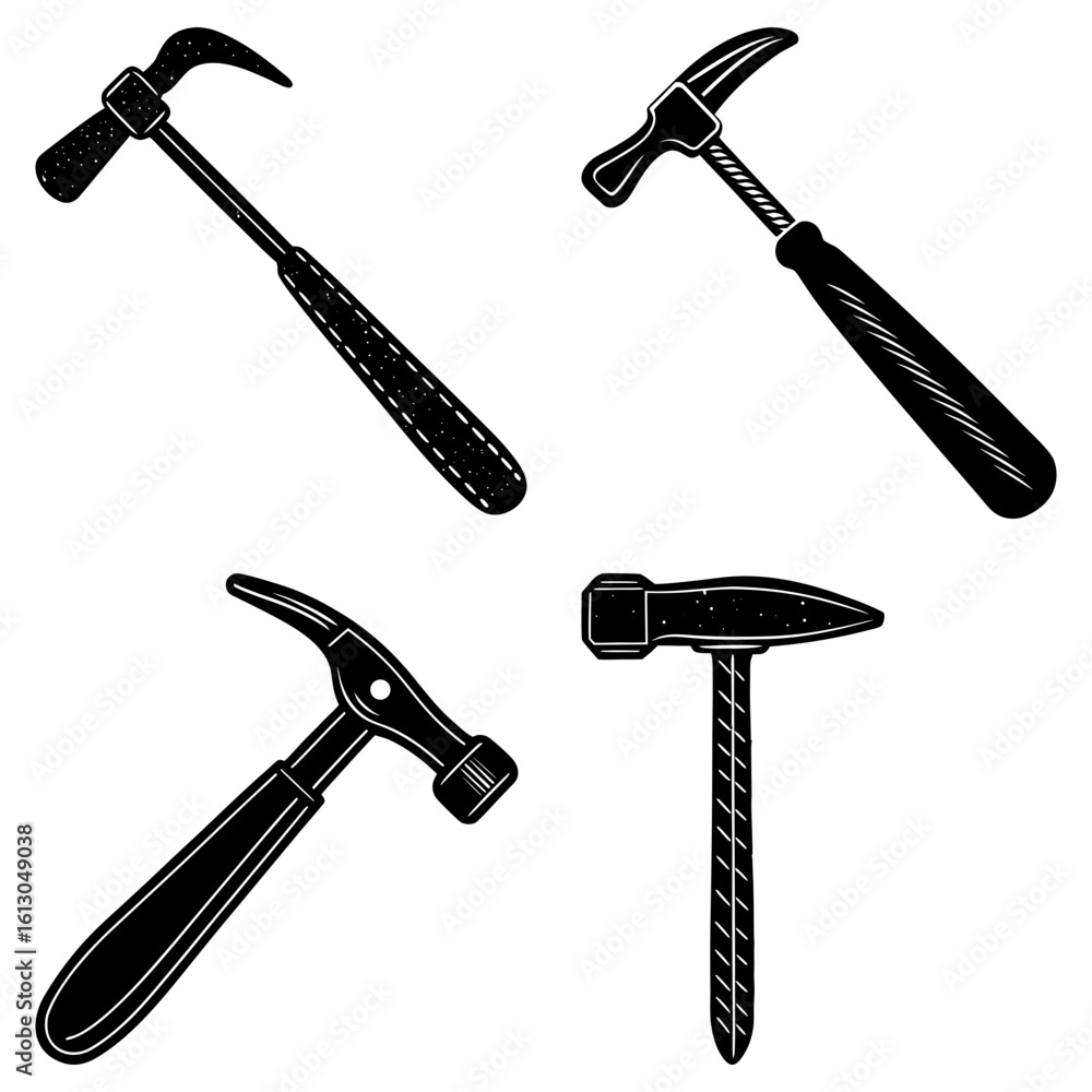 Poster four different types of hammers with various handles and head shapes displayed in black and white st
