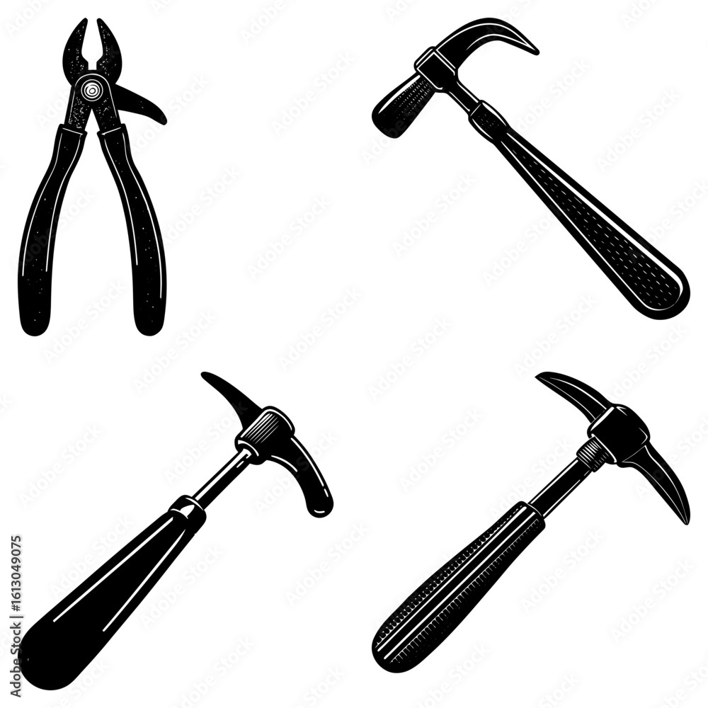 Poster illustration featuring a pair of pliers and three different types of hammers on a white background