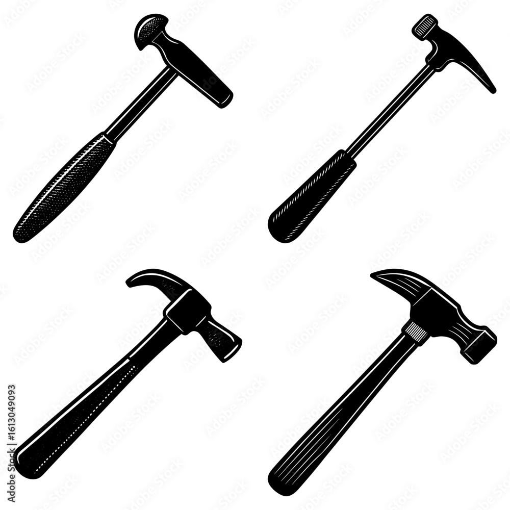 Poster illustration showing four different types of hammers with varying head and handle designs in black a
