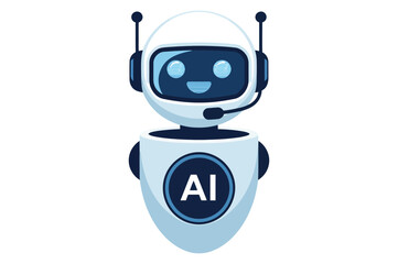 Cartoon robot with smiling face, headset, and “AI” on chest — symbolizing artificial intelligence, communication, and friendly tech persona