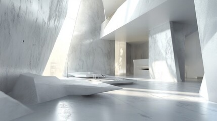 Futuristic interior with geometric shapes, white marble, light, and open space. Modern architecture