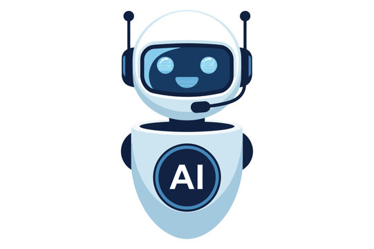 Cartoon robot with smiling face, headset, and “AI” on chest — symbolizing artificial intelligence, communication, and friendly tech persona