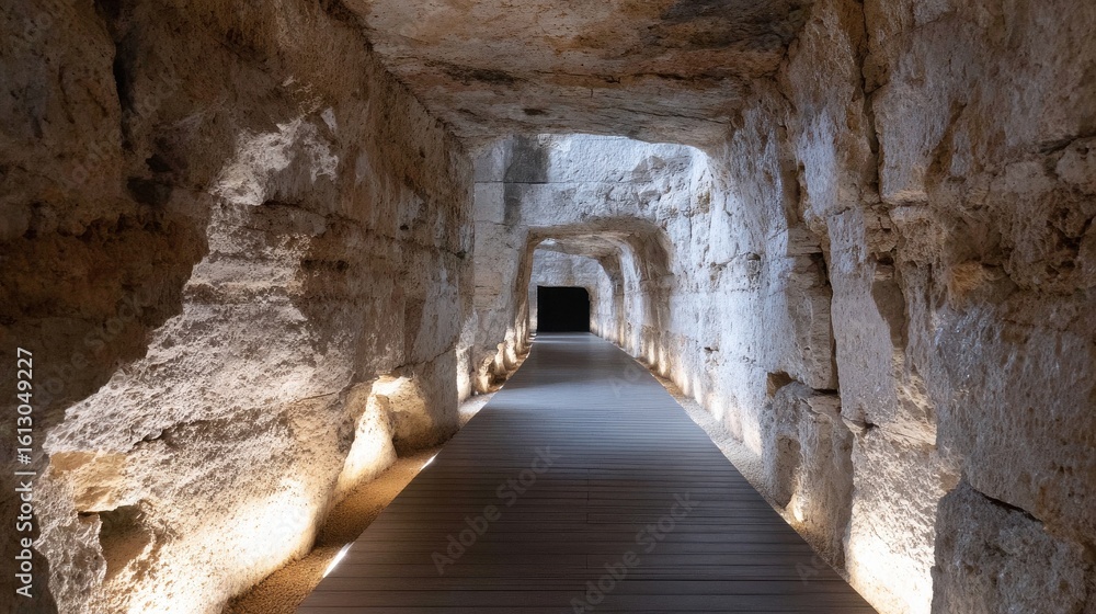 Poster ancient stone tunnel with illuminated pathway. historical architecture and exploration