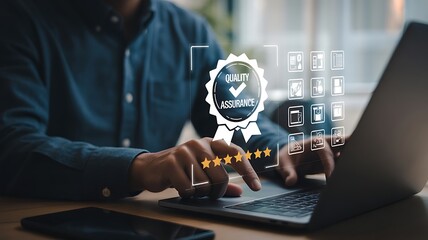 Person giving five star rating with quality assurance badge and icons stars