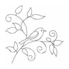 Bird on a branch with leaves nature drawing
