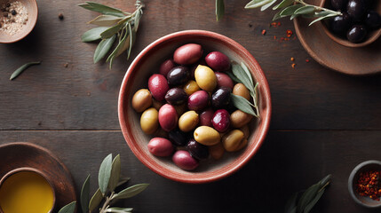 Fototapeta premium Elegant overhead shot of colorful olives in a rustic bowl, representing Mediterranean cuisine, healthy eating, and gourmet food. Perfect for food blogs, recipes, or restaurant promotions.