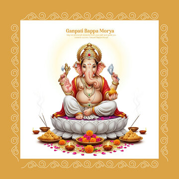 Illustration of Lord Ganesha Celebrating Ganesh Chaturthi with Offerings and D&eacute;cor