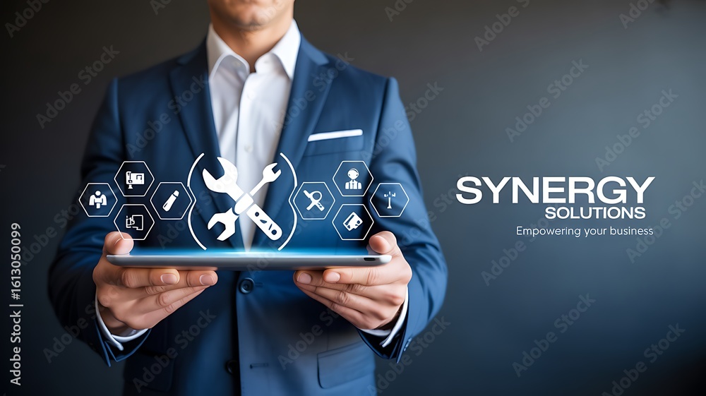 Poster man in blue suit holding tablet with digital interface and tools image