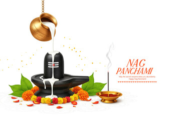 Nag Panchami festival featuring Shiva Lingam with milk ablution, flowers, incense sticks, and traditional decorations, emphasizing worship and auspiciousness in Indian Hindu culture.