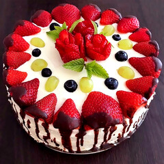 Homemade Chocolate Dipped Strawberry Cake Decorated with Fresh Fruit