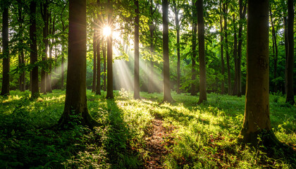 Morning sunlight streaming through misty forest trees on a woodland path