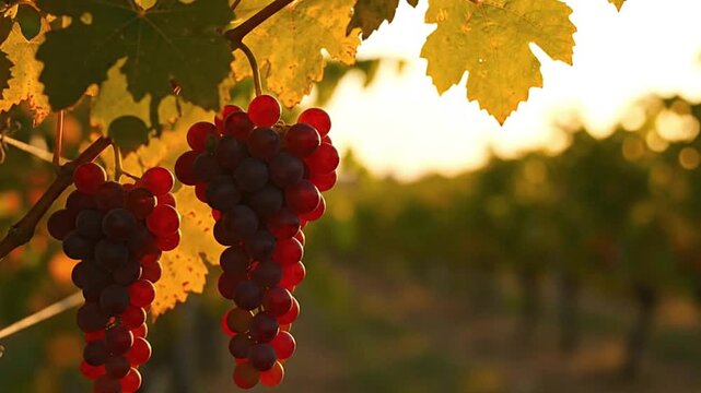 Two bunches of red grapes hang from a vine with leaves set against a blurred vineyard backdrop in warm light