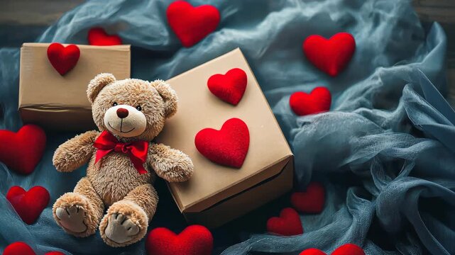 Gift box with hearts and teddy bear. Selective focus. Holiday.
