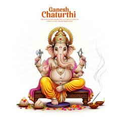 Illustration of Lord Ganesha Celebrating Ganesh Chaturthi with Offerings and Décor