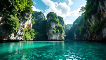 Obraz premium Scenic Tropical Limestone Cliffs and Turquoise Sea – Stunning Island Landscape with Crystal-Clear Water and Blue Sky for Travel, Nature, and Adventure Photography Concepts