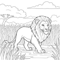 Cartoon Lion Walking Through Water in Savannah — Black and White Line Art Coloring Page for Kids and Animal-Themed Learning Activities