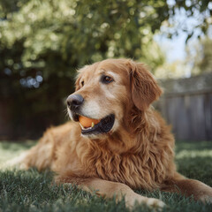 Obraz premium Golden retriever rests on grass, holding a ball. Symbolizes companionship, loyalty, and outdoor fun. Perfect for petrelated themes, family life, and positive emotions.