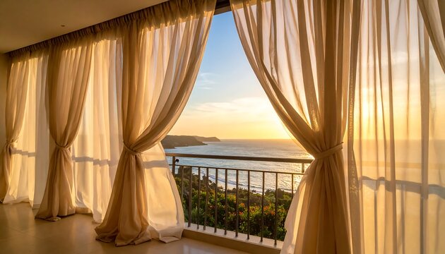 Sheer curtains frame a sunset ocean view from a balcony