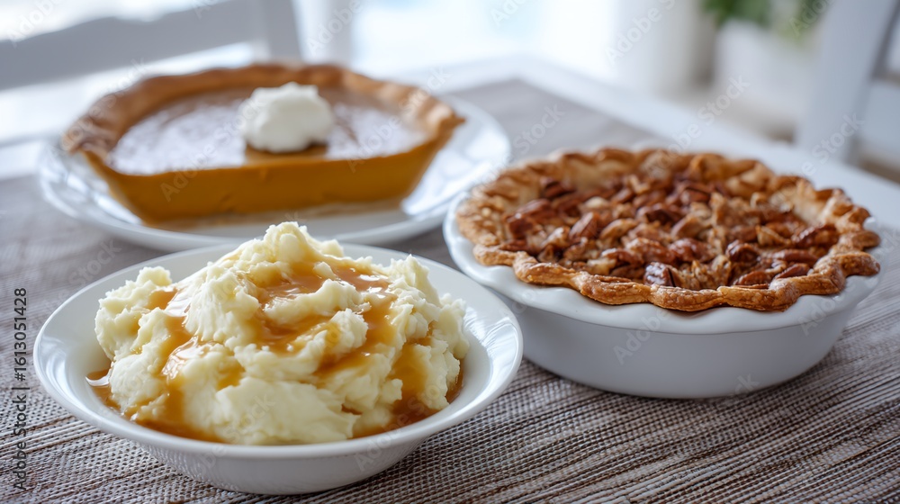 Poster plate of mashed potatoes sits on a table next to a pie and a pie.