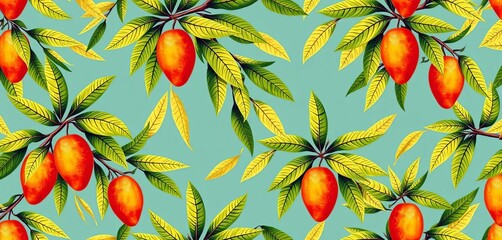 Modern stylish mango tree pattern, ripe mangoes, summer fruit design for textile, packaging, artwork, label
