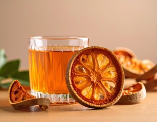 Shimmering glass-like bael fruit, revealing a vibrant orange glow from within
