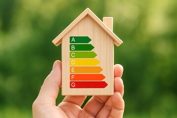 Wooden house model with colorful energy efficiency rating scale held by human hand on green blurred background