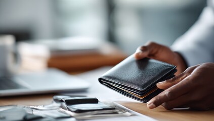 Hands hold a black leather wallet, possibly extracting cash. Blurred background includes a laptop and papers on a desk. The scene evokes finance and spending