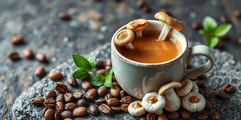 Mushroom coffee in ceramic cup, coffee beans & mushrooms on stone New superfood trend,  functional food,  lion's mane