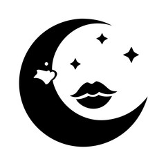 Crescent Moon Face with Lips and Stars-Minimalist black and white artwork showing a crescent moon with lips, a crown, and stars, blending royalty with night themes.