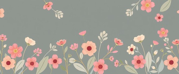 Pastel Scandinavian spring floral border Minimalist abstract leaves and flowers seamless repeat pattern for textile and wallpaper,  design,  subtle