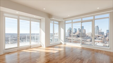 Obraz premium Large empty room with a view of the city.