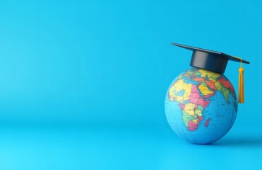 Concept illustration graduation hat on globe against blue background. Online education, global studies, university learning concepts. 