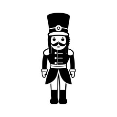 Traditional nutcracker soldier silhouette illustration-Black and white vector illustration of a classic nutcracker toy soldier with a mustache, tall hat, buttons, and boots, standing upright.