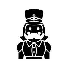 Nutcracker soldier toy silhouette illustration-Black and white vector illustration of a classic nutcracker toy soldier figure with a mustache, buttons, and decorative hat, isolated on white backgroun
