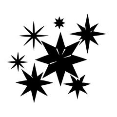 Black star shapes cluster silhouette illustration-Vector illustration of multiple black star silhouettes of different sizes grouped together, resembling night sky or festive decoration elements.