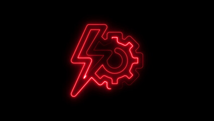 Neon red tech icon featuring bolt and gear outline glowing against black background