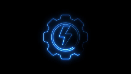 Glowing neon blue gear symbol featuring a lightning bolt for technological power concepts