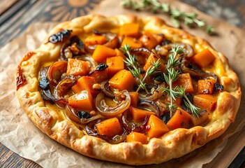 Rustic autumn vegetable tart with caramelized onions, butternut squash, and thyme, squash, rustic