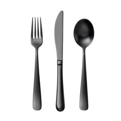 Sleek black cutlery set featuring a fork knife on transparent background