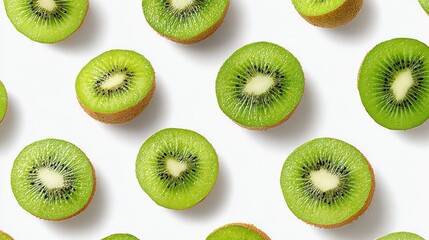 Fototapeta premium Slices Of Fresh Kiwi Fruit Arranged On White Background. Vibrant Green Pattern For Healthy Eating Concept