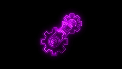 Glowing purple neon gears connecting on a black background representing technology and progress