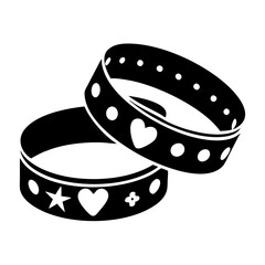Black silhouette of superhero bracelets with symbols-Stylized black silhouette illustration of two superhero-style bracelets decorated with hearts, stars, and dots, symbolizing hero costume accessorie