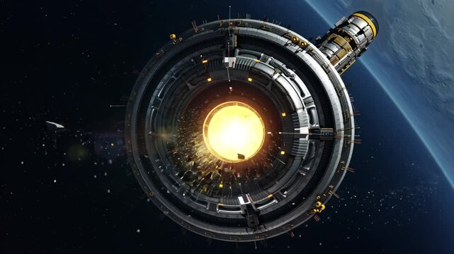 Asteroid Mining Steampunk spacecraft drilling on Psyche 16, glowing platinum core exposed, robotic drones swarming, industrial sparks with cinematic shallow focus.