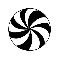 Black silhouette of swirl peppermint candy-Stylized black silhouette of a round peppermint candy with a spiral swirl pattern, symbolizing sweets, sugar treats, and confectionery desserts.