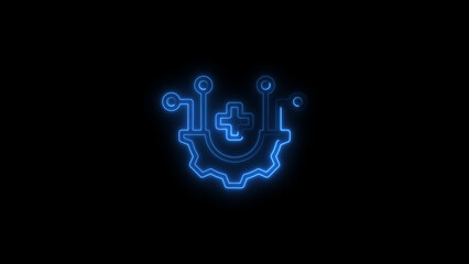 Glowing blue healthcare technology gear symbol on a black background demonstrating modern medical advancements