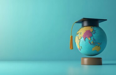 Concept illustration graduation hat on globe against blue background. Online education, global studies, university learning concepts. 
