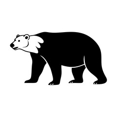 Black bear silhouette with white neck marking-Minimalistic black and white vector illustration of a bear standing in profile view, featuring a distinctive white marking on its neck.