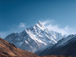 Majestic mountain range with snowcapped peaks under a vibrant blue sky. Inspiring nature shot perfect for travel, adventure, or aspirational themes. Symbolizes challenge, success, and resilience.