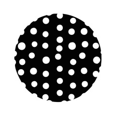 Black circle with white polka dot pattern-Abstract circular shape featuring evenly spaced white polka dots on a solid black background, simple graphic texture design element.