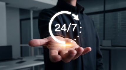 Person holding glowing 24 7 service symbol in open palm hours